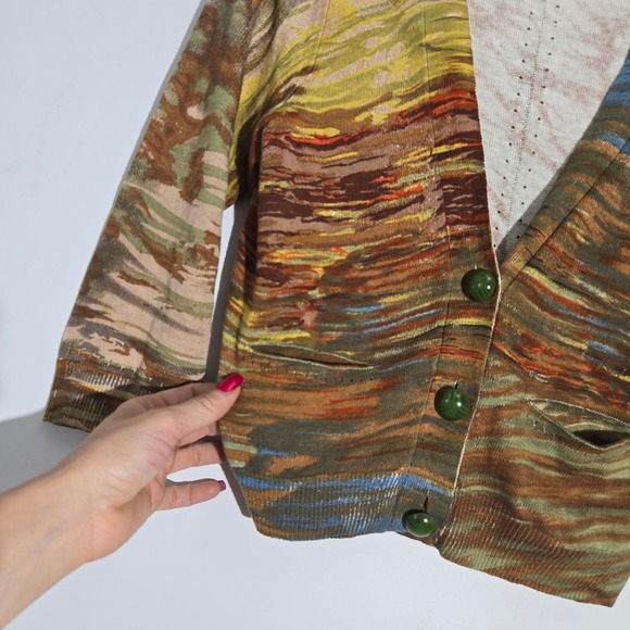Charlie & Robin Abstract Print Cardigan Sweater Green Button Front Women's S - Picture 2 of 8
